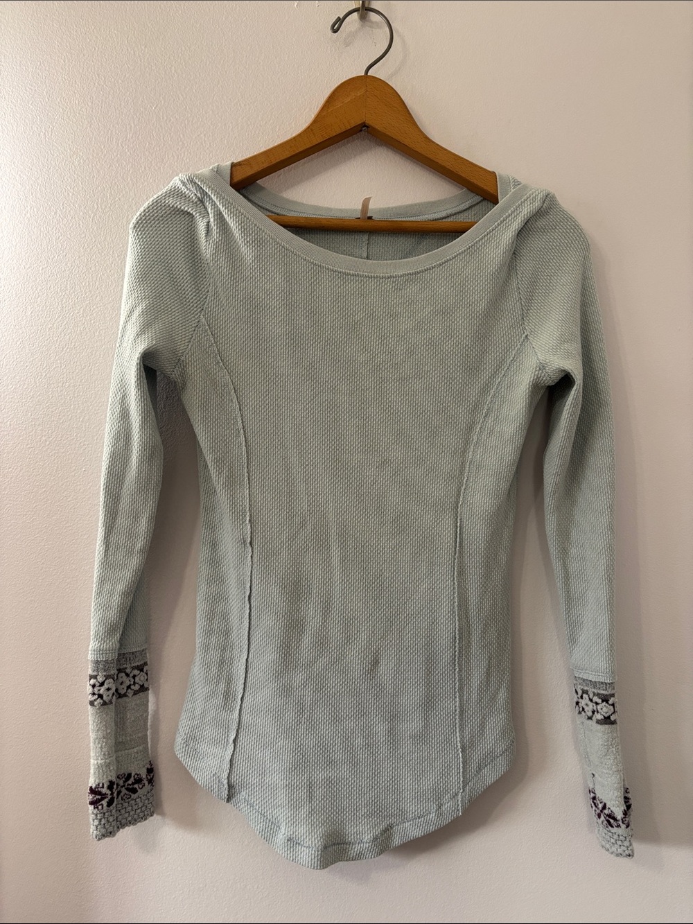 Free People Light Sage Long-Sleeve Thermal Top with Patterned Cuffs
